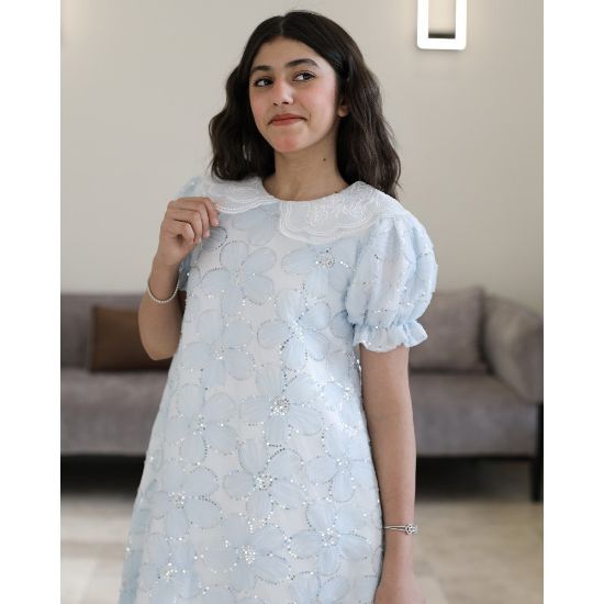 صورة فستان بناتي سماوي مطرز ورود ببريق لامع وقصة نص كلوش - 1225